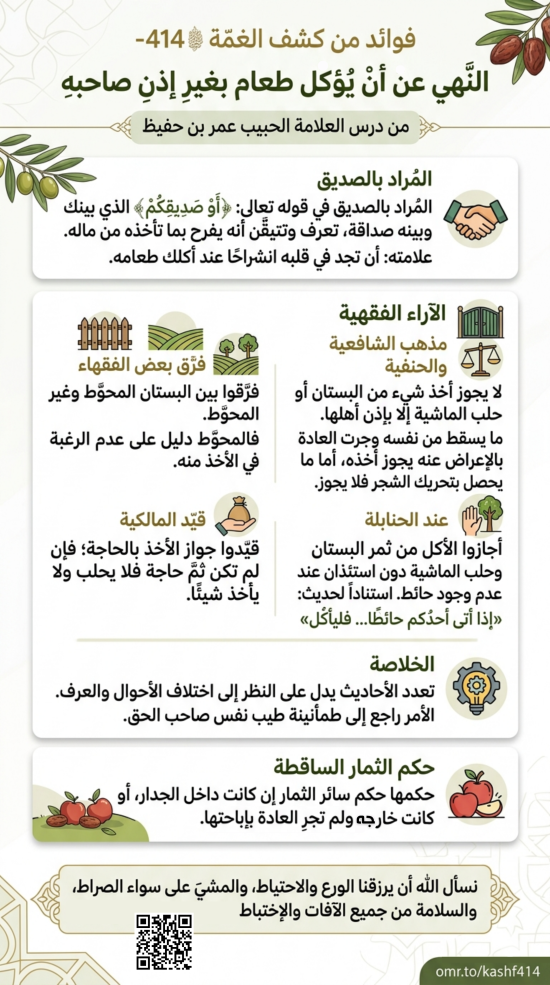 فوائد من كشف الغمة 414- النهي عن أن يُؤكل طعام الإنسان بغير إذنه 